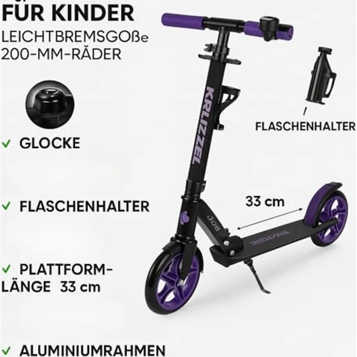 KRUZZEL Klappbarer Kinder Roller Scooter, höhenverstellbar 87-98 cm, 200-mm-Räder, lila, Aluminiumrahmen, mit Fußbremse und Flaschenhalter, für Kinder ab 8 Jahren bis 100 kg – Bild 4