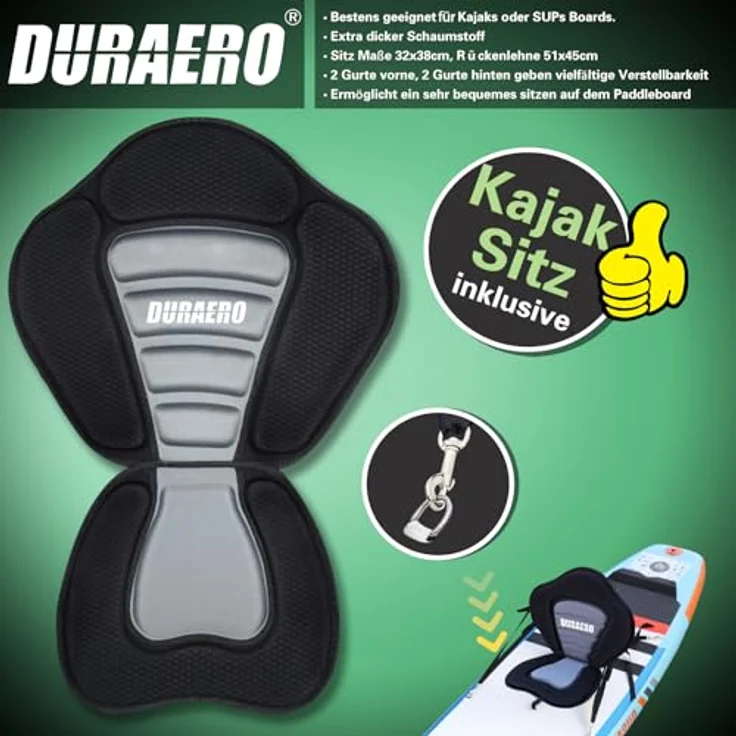 DURAERO Inflatable SUP-Board Stand up Paddle Board, 330x76x15cm, bis 150kg, inkl. Drei Finnen und Kajak Sitz, blau – Bild 5