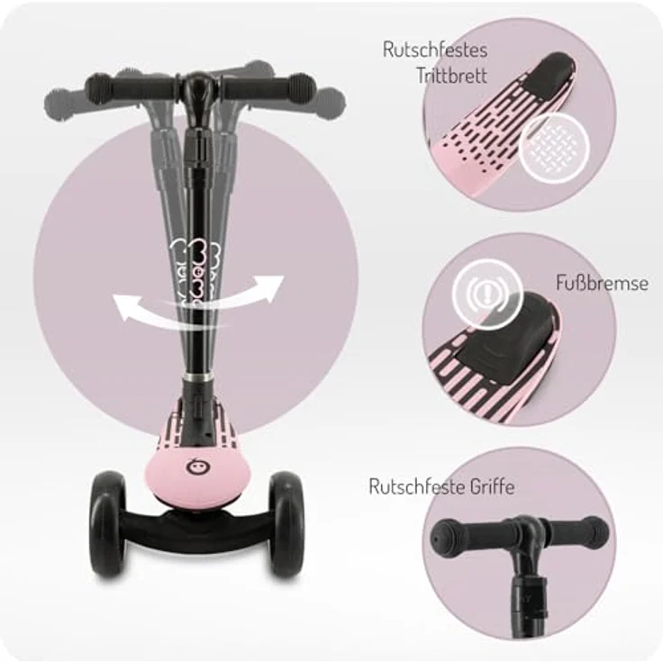 MoMi SAN 2-in-1 3-Rad-Kinderroller, höhenverstellbarer Lenker 60/66/72 cm, klappbar, LED-Räder, ABEC-7, Trittbremse, 2,7 kg – Bild 4