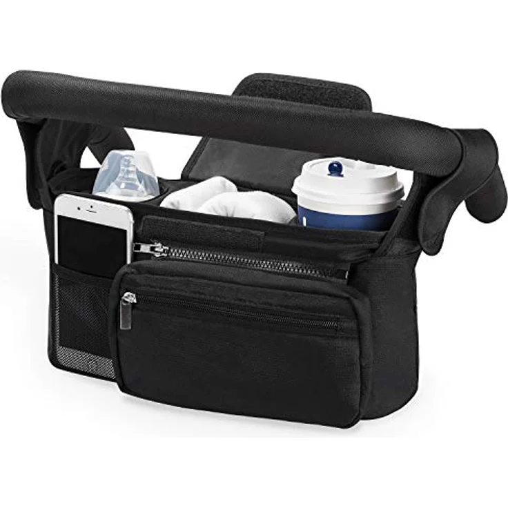 Momcozy Kinderwagen Organizer Universal mit Isolierten Getränkehaltern, Reißverschlusstasche und Schultergurt, Schwarz – Bild 1