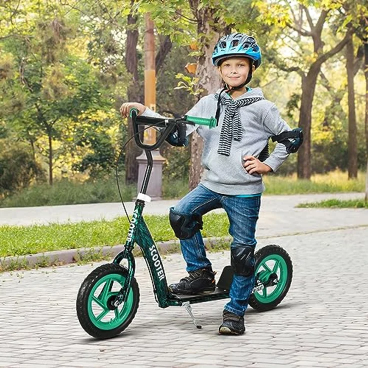 AIYAPLAY Kinderroller Scooter, Tretroller mit verstellbarem Lenker, großen Rädern und Handbremse, 11,8 Zoll Cityroller für 6-12 Jahre, Stahl Grün – Bild 2