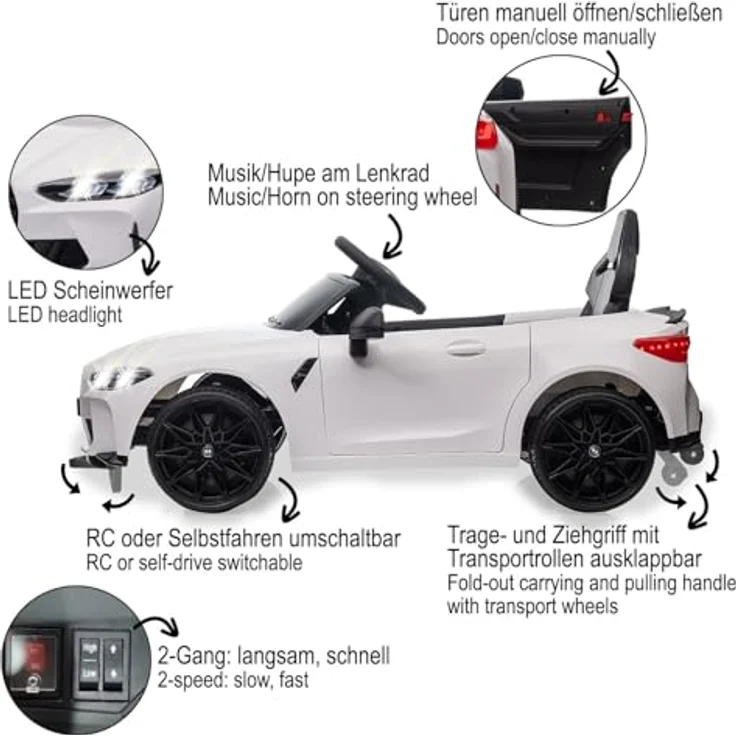 JAMARA Ride-on BMW M4, Elektroauto für Kinder ab 3 Jahren, 2,4GHz Fernsteuerung, Lithium-Ionen-Akku, LED-Scheinwerfer, 2 Gänge, Bluetooth Musikfunktion, manuell öffnende Türen – Bild 4