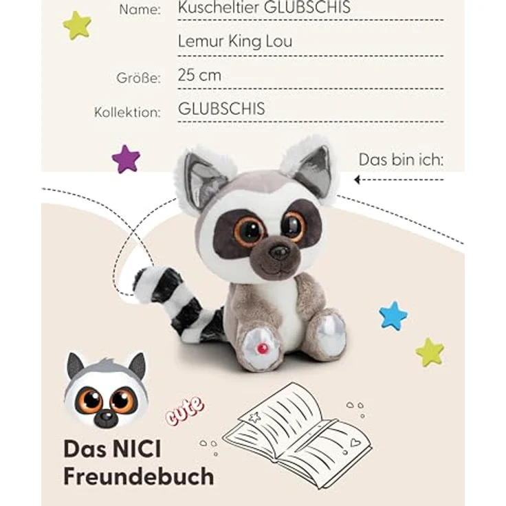 NICI Kuscheltier GLUBSCHIS Lemur King Lou 25cm weiß - Plüsch, Glitzeraugen, geringelter Schwanz - Geschenkidee – Bild 5