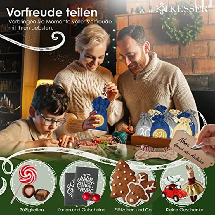 KESSER® Adventskalender zum Befüllen 24 Jutebeutel Gedruckte Stoffbeutel Kinder Weihnachtskalender zum Selber Befüllen Inkl. 24x Schildchen + 1 Großer Aufbewahrungsbeutel Stoff Blau, 16x12cm – Bild 5