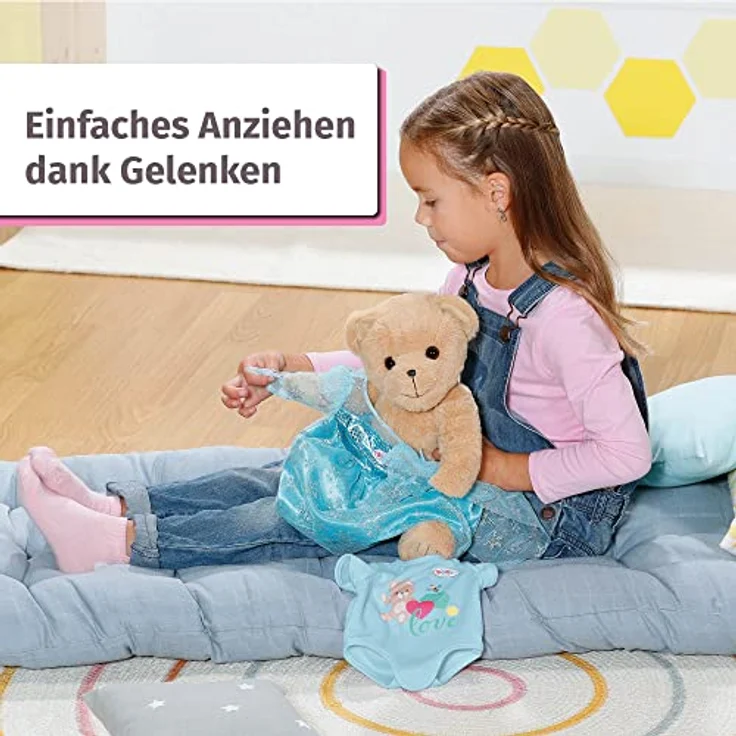 Zapf Creation 835593 BABY born Bär blau mit blauen Strampler- Teddybär Kuscheltier, bewegliche Arme und Beine, drehbarer Kopf, waschbar per Handwäsche, mit Freundschaftsbuch und Stickerbogen. – Bild 3