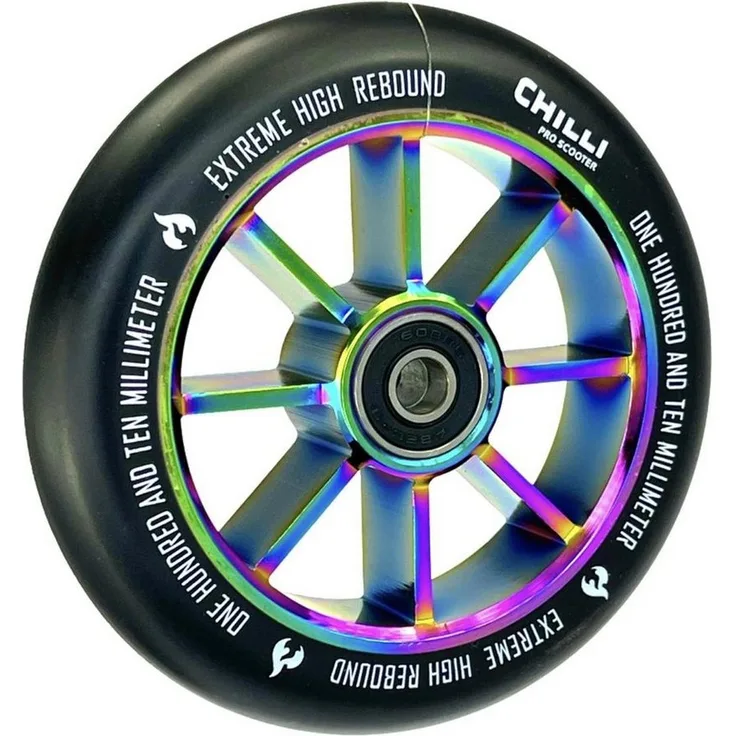 Chilli Stuntscooter Chilli Pro Stunt-Scooter Spoked Rocky Rolle 110mm Neochrom/PU Schwarz, Scooter mit CNC-gefrästem Core und Abec 9 Kugellagern