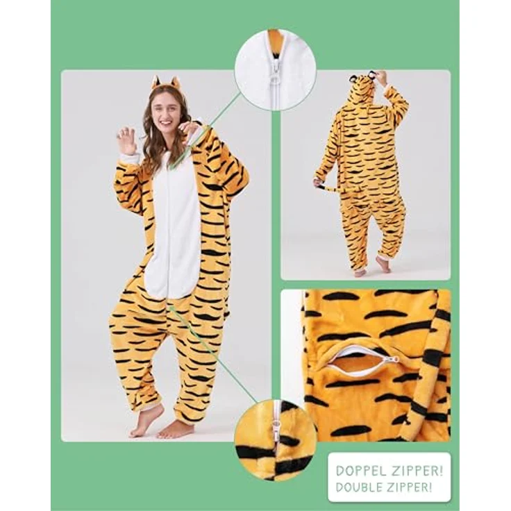 corimori Flauschiges Tiger-Kostüm für Erwachsene, Onesie mit Haarreif, super weich und wärmend, für Körpergröße 170-180 cm – Bild 4