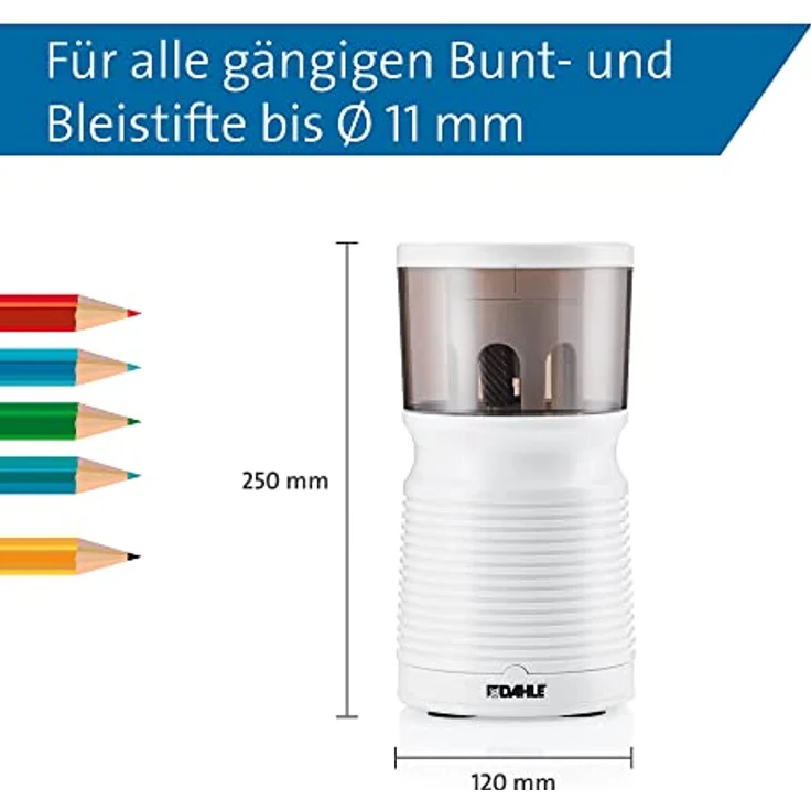 Dahle Elektrische Spitzmaschine 210 (Anspitzer für Stiftdurchmesser 8 mm – 11 mm, Kindersicher nach GS-Standards) Weiß, 20,7 x 10,3 x 10,3 – Bild 2