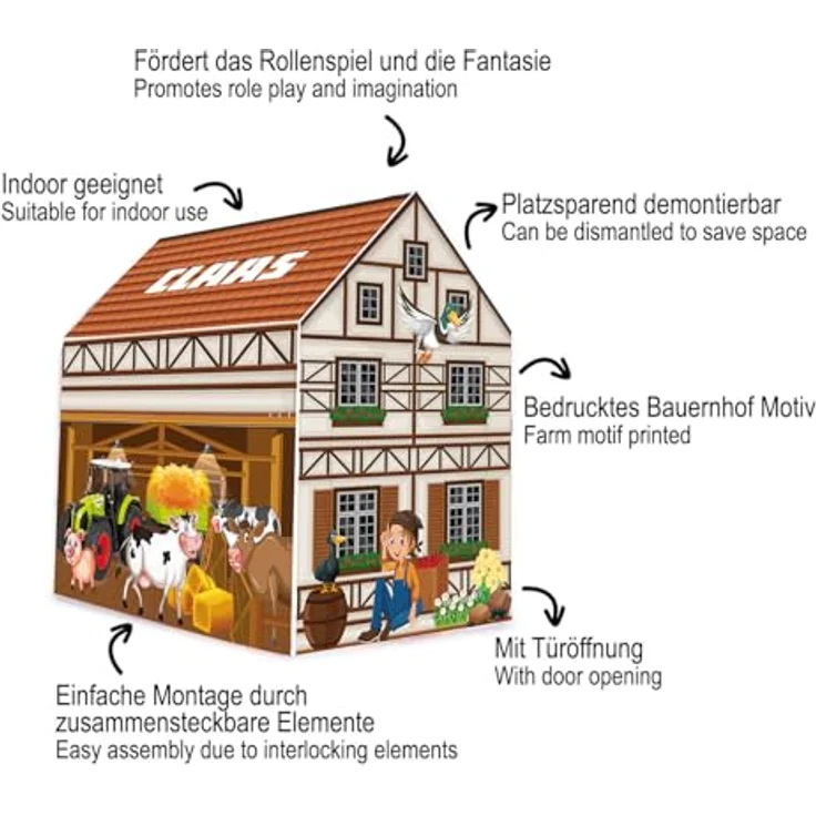 JAMARA 460754 Claas Spielhaus Bauernhof, lizenziertes Indoor-Zelt mit Türöffnung, einfache Montage, leicht und platzsparend demontierbar – Bild 4