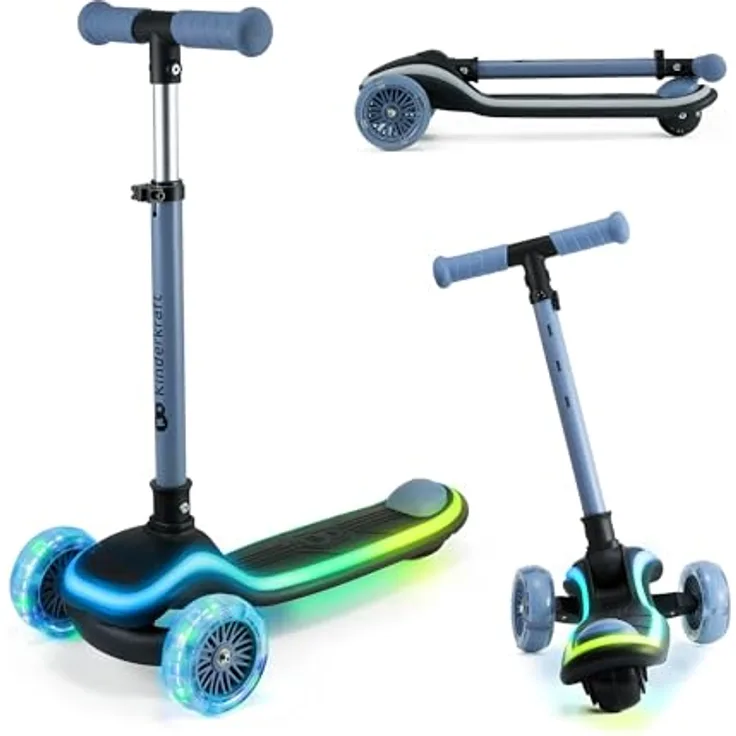 Kinderkraft RAKET Kinderroller, LED-Scooter für Kinder ab 1 Jahr, höhenverstellbarer Lenker, blau