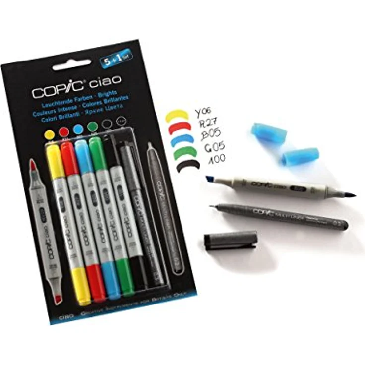 COPIC Ciao Marker 5+1 Set "Leuchtende Farben", 5 alkoholbasierte Allround-Layoutmarker, mit einer mittelbreiten und einer Brush-Spitze, inkl. 1 Multiliner 0,3 mm – Bild 2