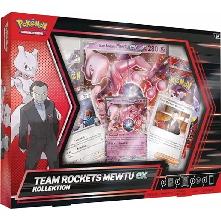 Pokémon PKM EX Box Juni 2025, Sammelkartenspiel mit Team Rockets Mewtu-ex, 4 Boosterpacks und überdimensionaler holografischer Karte