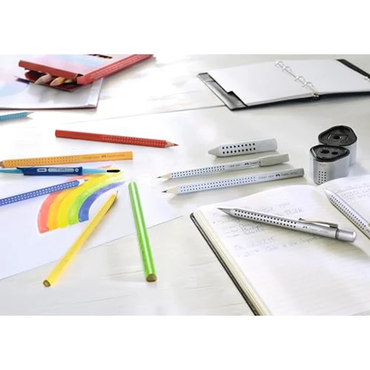 Faber-Castell 111998 Bleistifte Set Grip, 2 Jumbo Bleistifte B mit ergonomischer Dreikantform und Spitzer, Silber – Bild 2