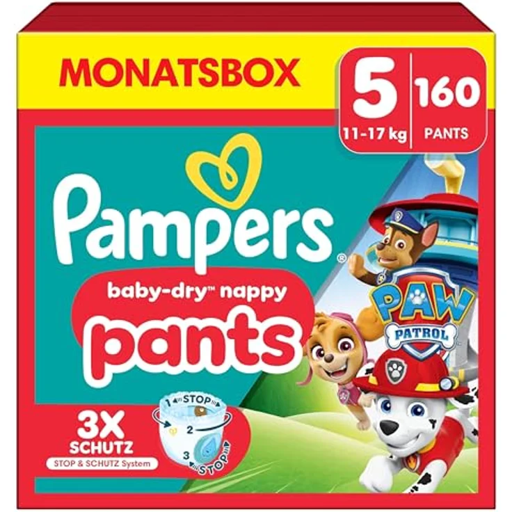 Pampers Windeln Baby Pants Dry Gr.5 Junior (11-17 kg), 360° Fit mit 100% Auslaufschutz, Paw Patrol, Monatsbox, 160 St. – Bild 1