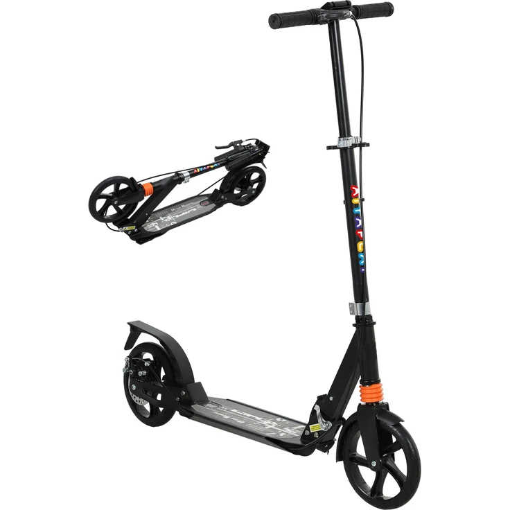 MH Handel GmbH Kinder Roller Scooter, klappbar mit verstellbaren Griffen für Kinder 6-12 Jahre, Schwarz, 94 x 36 x 88-103 cm, Front- und Heckbremsen, Doppelschocksystem