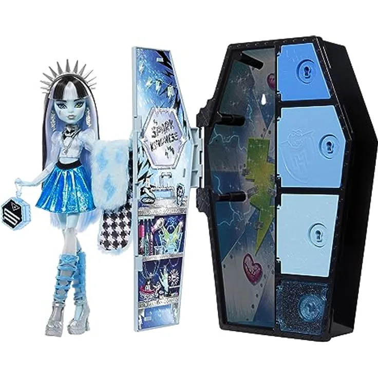 MONSTER HIGH Skulltimate Secrets Fearidescent Frankie Stein Puppe - Sargförmiger Spind mit über 19 Überraschungen, Color-Reveal-Effekt, für Kinder ab 6 Jahren, HNF75