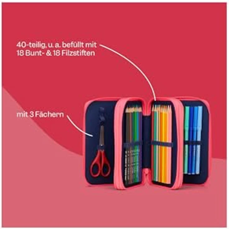 ergobag Maxi Mäppchen Set 40-Teilig, Lyra Bunt- und Filzstifte, Kleingeld Fach, Lineal, Schere WolkenzauBär - Pink – Bild 2