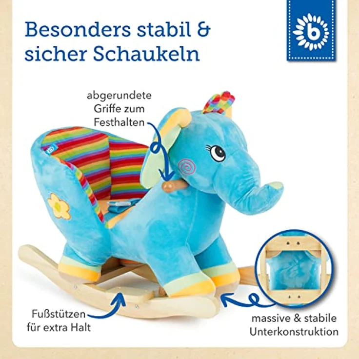 Bieco Plüsch Schaukeltier Elefant | Kinder Schaukelstuhl mit Sicherheitsgurt | Baby Schaukel | Schaukel Kleinkind | Schaukeltier Baby Zimmer | Baby Schaukelwippe ab 9 Monate | Schaukelpferd Holz – Bild 4