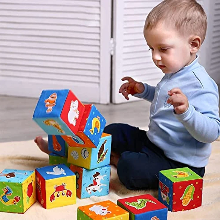 magdum 12 Spielwürfel Baby - Bausteine für Kinder ab 1 Jahr - Montessori Spielzeug ab 1 Jahr - Stapelsteine - Bauklötze - Stapelbecher Baby- Sensorik Stapelwürfel - Motorikwürfel ab 1 Jahr – Bild 3
