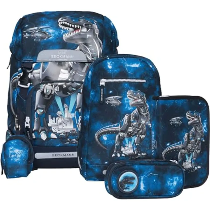 Beckmann Classic 22L - 6-TLG. Set Tech Rex, Schulranzen-Set mit atmungsaktivem Rücken und Brustgurt, blau