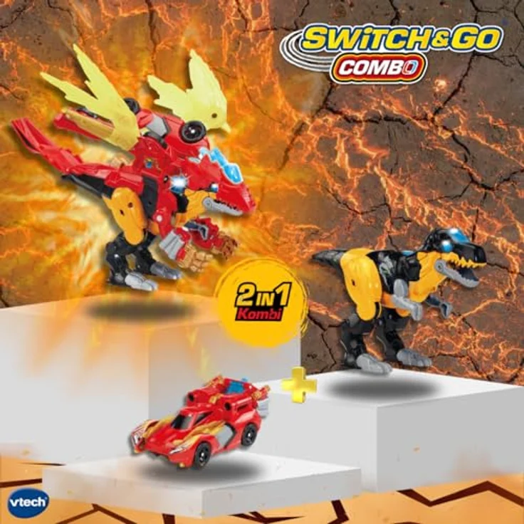 Vtech Switch & Go Combo Mega Drache, 2-in-1 Spielzeug T-Rex & Rennwagen, interaktiv mit Licht und Sound, über 60 Sätze, ab 3 Jahren – Bild 2