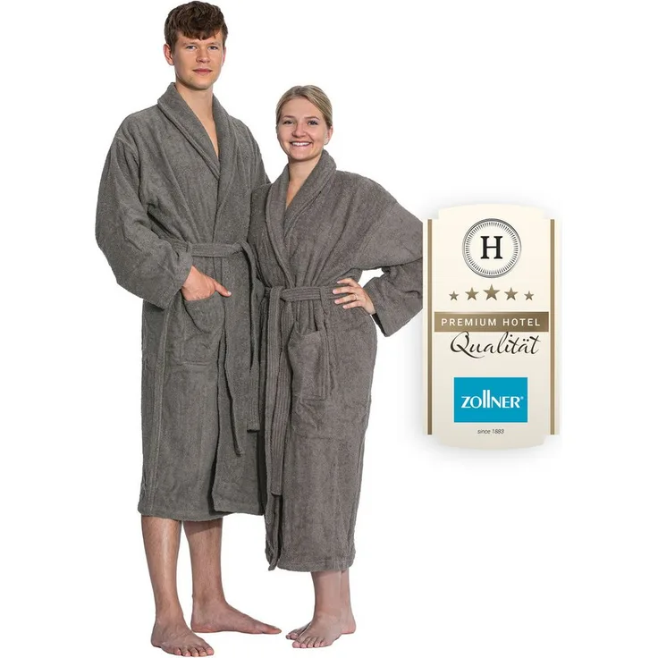 ZOLLNER Unisex-Bademantel, 100% Baumwolle, Schalkragen, Gürtel, S-6XL, weiß