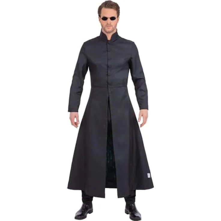 Smiffys Matrix: Neo (L), langer schwarzer Mantel mit Stehkragen und grünem Code-Print, offiziell lizenziert – Bild 3