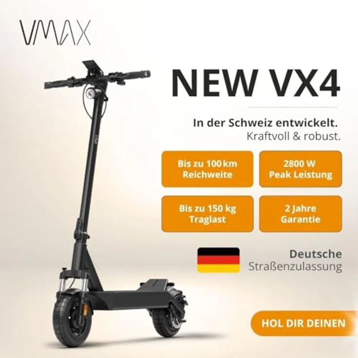 VMAX E-Scooter New VX4, E-Roller mit Straßenzulassung, 100 km Reichweite, 150 kg max. Zuladung, integrierte Federung, LCD-Display, App Funktion – Bild 2