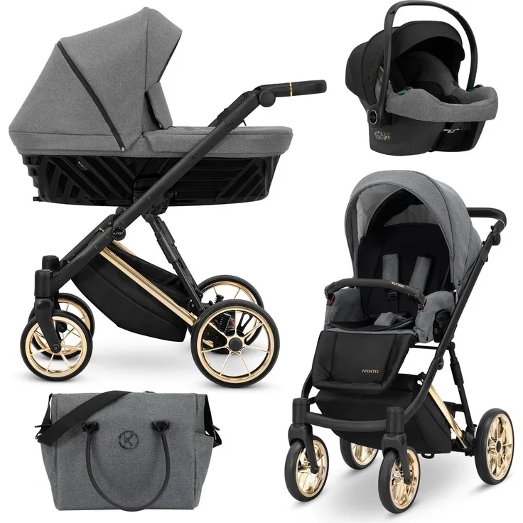 Kunert Ivento Premium 3in1 Kinderwagen, grau mit Goldrahmen, Komfortausstattung und antibakterieller Bambusmatratze