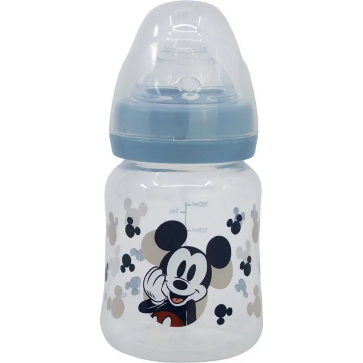 Disney Mickey Mouse Babyflasche 150 ml Weithalsflasche mit Silikon-Sauger und 3 Trinkpositionen, ergonomisch und kokussionsfrei