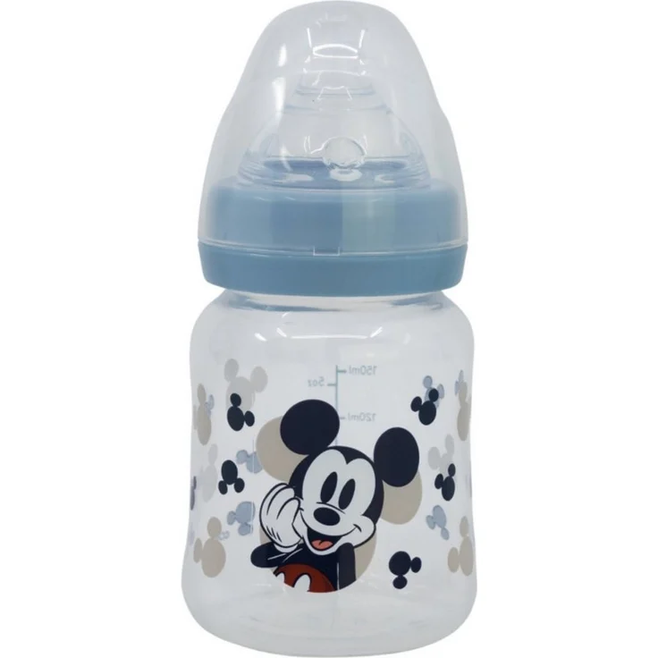 Disney Mickey Mouse Babyflasche 150 ml Weithalsflasche mit Silikon-Sauger und 3 Trinkpositionen, ergonomisch und kokussionsfrei