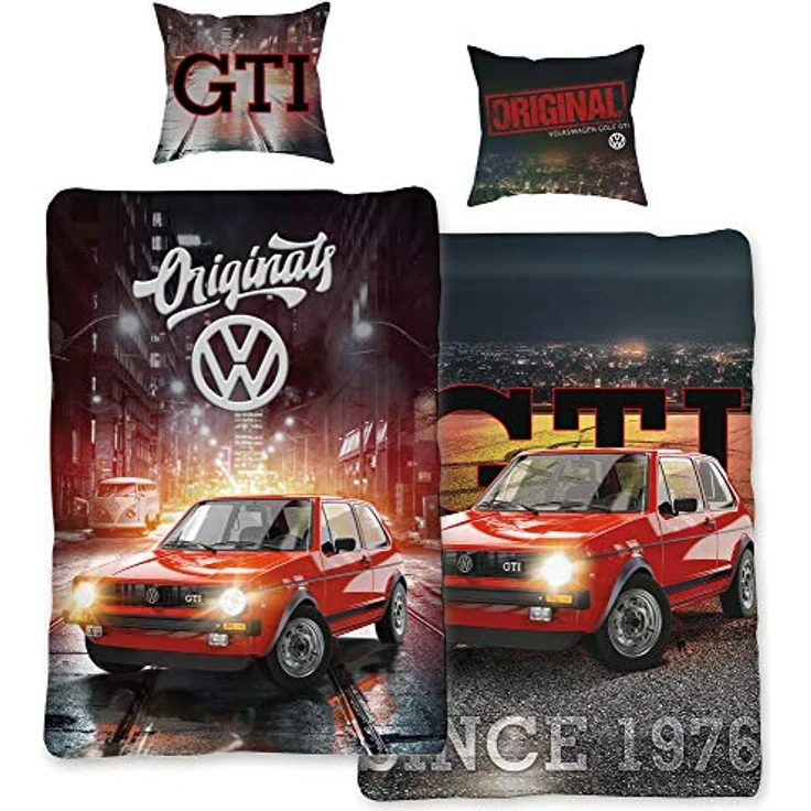 BERONAGE Volkswagen Golf Bettwäsche GTI Rot Grau 135 x 200 cm + 80 x 80 cm, 100% Baumwolle in Biber-Flanell-Qualität, Race Wörthsee Auto-Car 2 Motive Wendebettwäsche Reißverschluss 088 – Bild 1