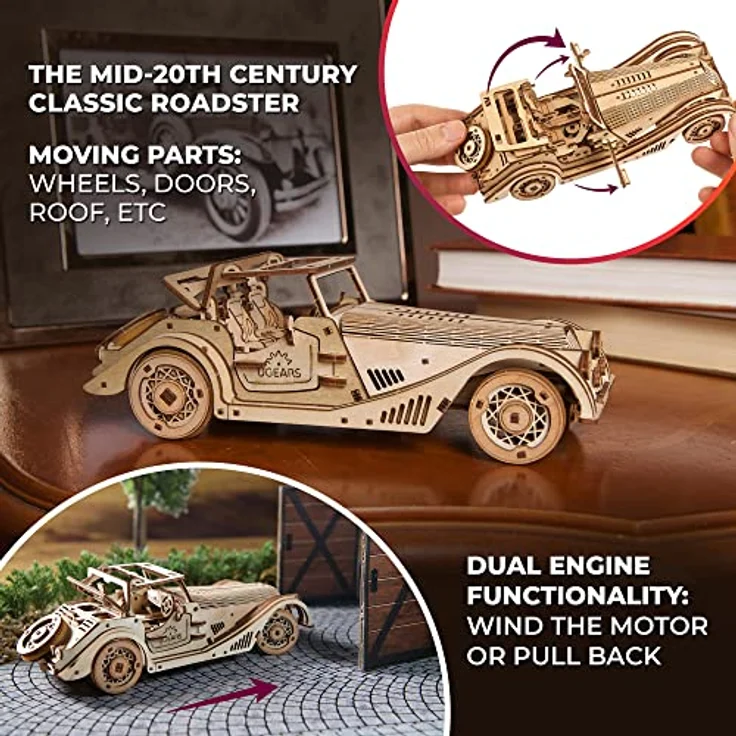 UGEARS Sports Car Rapid Mouse, 3D Holzpuzzle Bausatz für Erwachsene mit 222 Teilen, mechanisches Modellauto mit Rückzugsmotor und klappbarem Dach – Bild 4