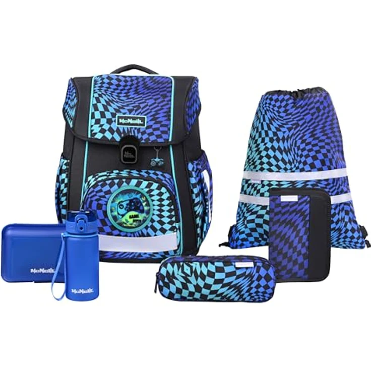 McNeill Schulranzen-Set BRAVO 9tlg. (GAMER), ergonomisch, 21 L Volumen, blauer Gaming-Design mit Zubehör – Bild 2