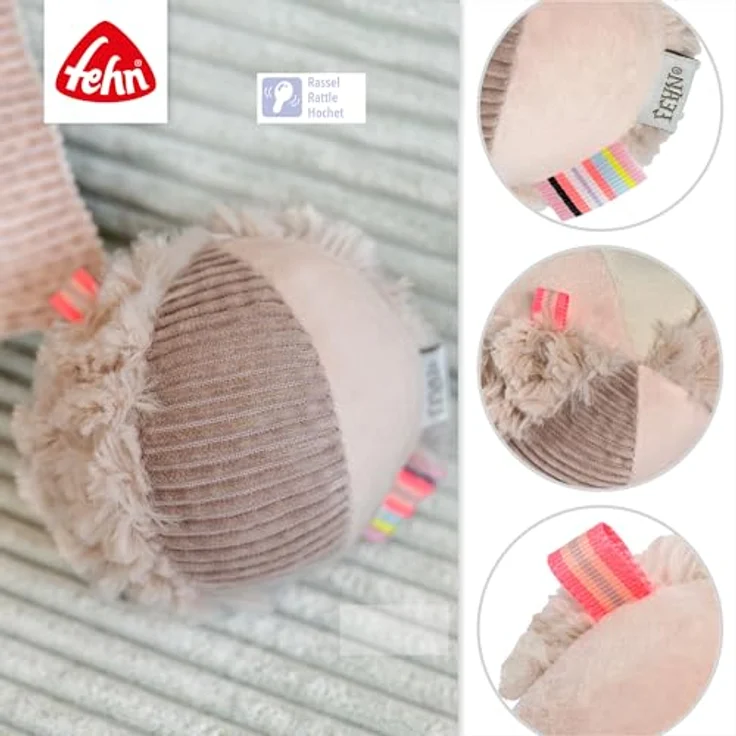 Fehn Rasselball Flamingo, Greif-Spielball mit Materialmix & Rassel, fördert motorische Fähigkeiten, ca. ø 9 cm, für Babys ab 0 Monaten – Bild 4