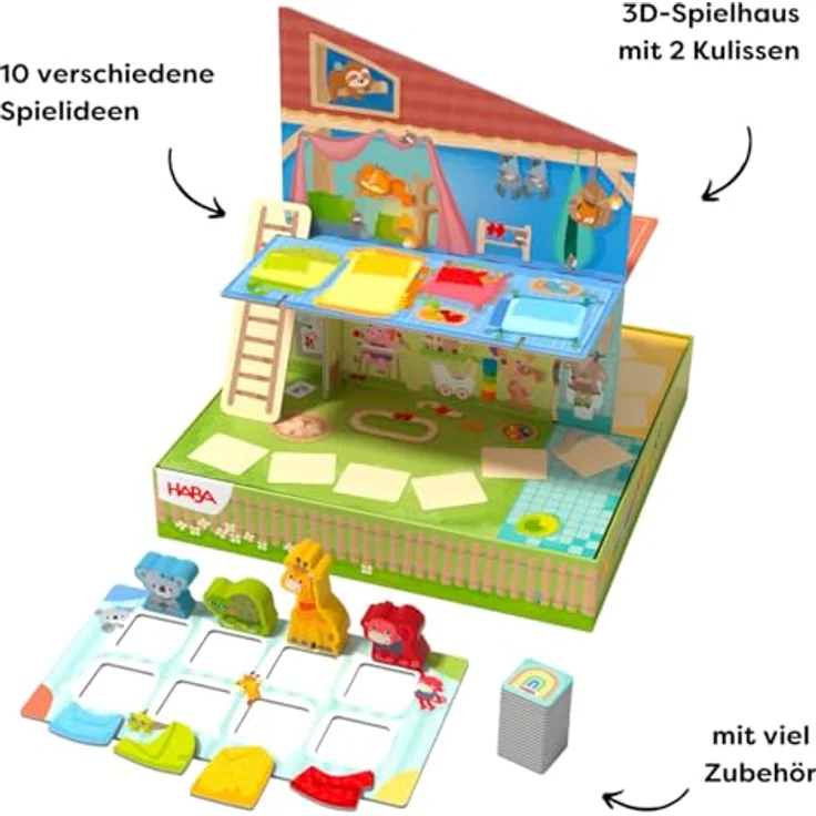 HABA Im Kindergarten Spielesammlung, 10 Spielideen im 3D-Spielhaus mit 5 Holzfiguren, ab 2 Jahren – Bild 3