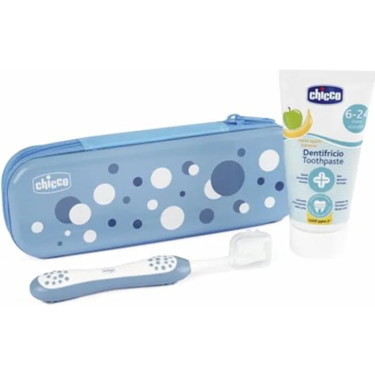 Chicco Baby Zahnbürste und Zahnpasta Set, inklusive Apfel-Bananen-Zahnpasta, ergonomische Zahnbürste für erste Milchzähne, Reiseset, 6-36 Monate, hellblau