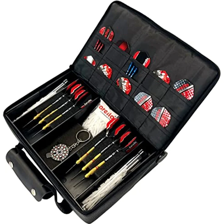 Karella Darttasche Master PAK,Lederoptik, schwarz, perfekte Aufbewahrung für bis 3 Set Darts und viel Zubehör, Dartcase, Tasche für Darts – Bild 4