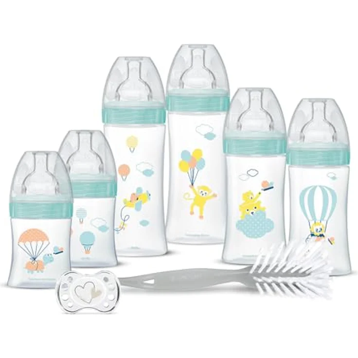 DODIE Set für Neugeborene, 6 Fläschchen gegen Koliken (2 x 150 ml; 2 x 270 ml; 2 x 330 ml), inkl. anatomischem Schnuller und Flaschenbürste – BPA-frei – Grün – Bild 1