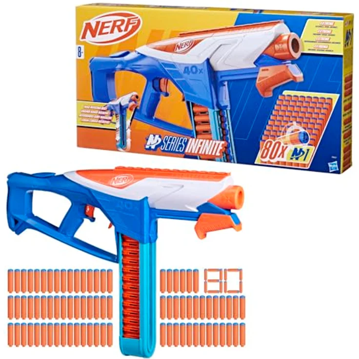 NERF N Series Infinite Blaster und 80 präzise N1 Darts, Spannschlitten und abnehmbares Gurtmagazin, Pump-Action Blaster für Fortgeschrittene, Jungen und Mädchen, Blau – Bild 1