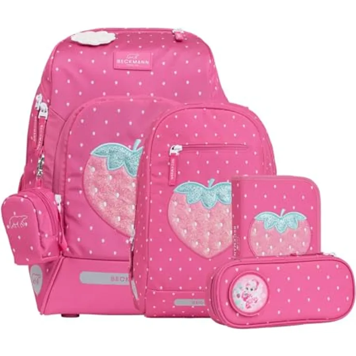 Beckmann Schulranzen Active Air FLX Set 6-teilig, ergonomisch, erweiterbar von 20-25L, mit Reflexionen und Strawberry purpur Design