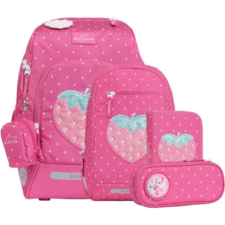 Beckmann Schulranzen Active Air FLX Set 6-teilig, ergonomisch, erweiterbar von 20-25L, mit Reflexionen und Strawberry purpur Design