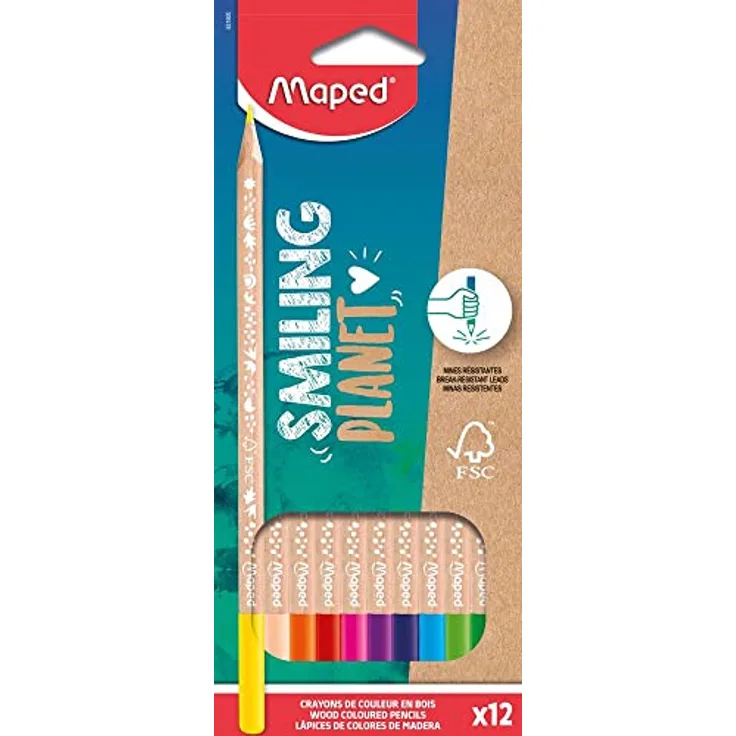 Maped - Buntstifte Smiling Planet aus Naturholz – 12 lebendige Farben – Zeichenstifte für Kinder – Bleistift dreieckig ergonomisch – Tasche mit 12 Holzstiften, FSC-zertifiziert