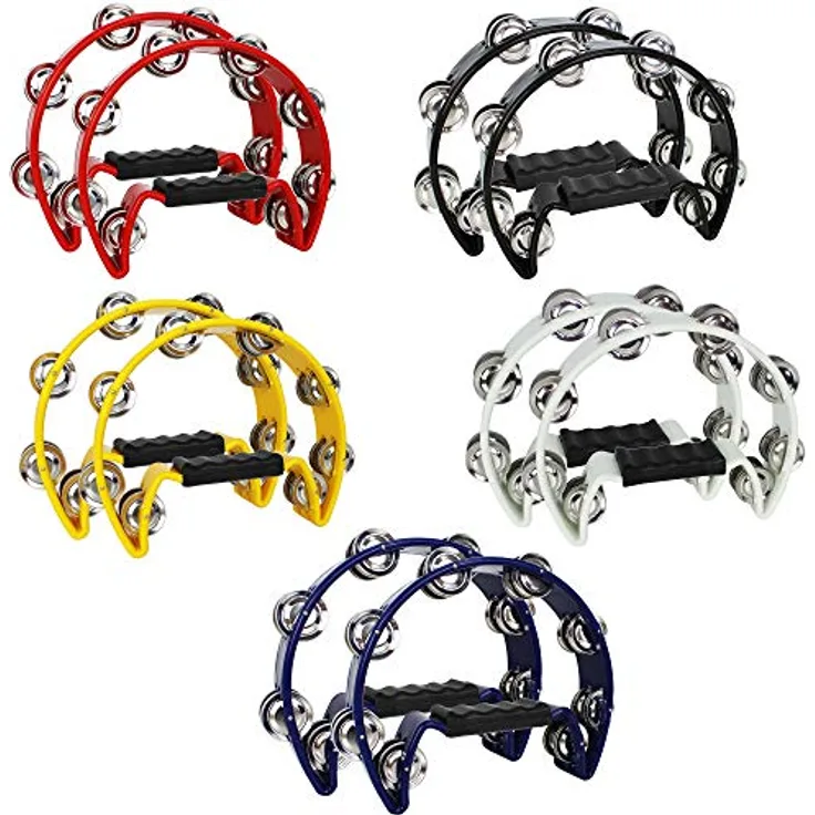 A-Star Halbmond-Tamburin, Double Jingle Bell Cutaway mit ergonomischem Griff – Sänger, Bands, Musiker, Musikunterricht – Packung mit x10 gemischten Farben