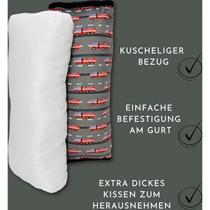 HECKBO Auto Schlafkissen für Kinder, Gurtpolster mit Feuerwehr, Polizei und Traktor Motiven, maschinenwaschbar, ergonomisch, farbenfrohes Design für Reisen und Sitzerhöhung – Bild 4
