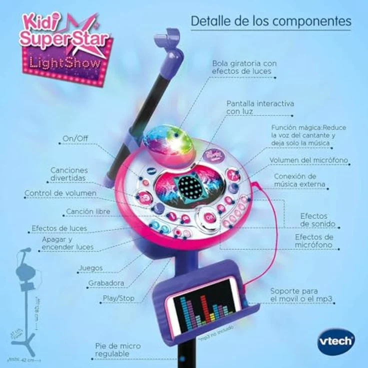 Vtech 80-165822 Kidi Superstar LightShow, interaktive elektronische Karaoke, MP3 Anschluss, Lichteffekte, Stimmen, Recorder, eingebauter Lautsprecher, Spiele, Snacks und Ovuationsgeräusche, Rosa – Bild 7