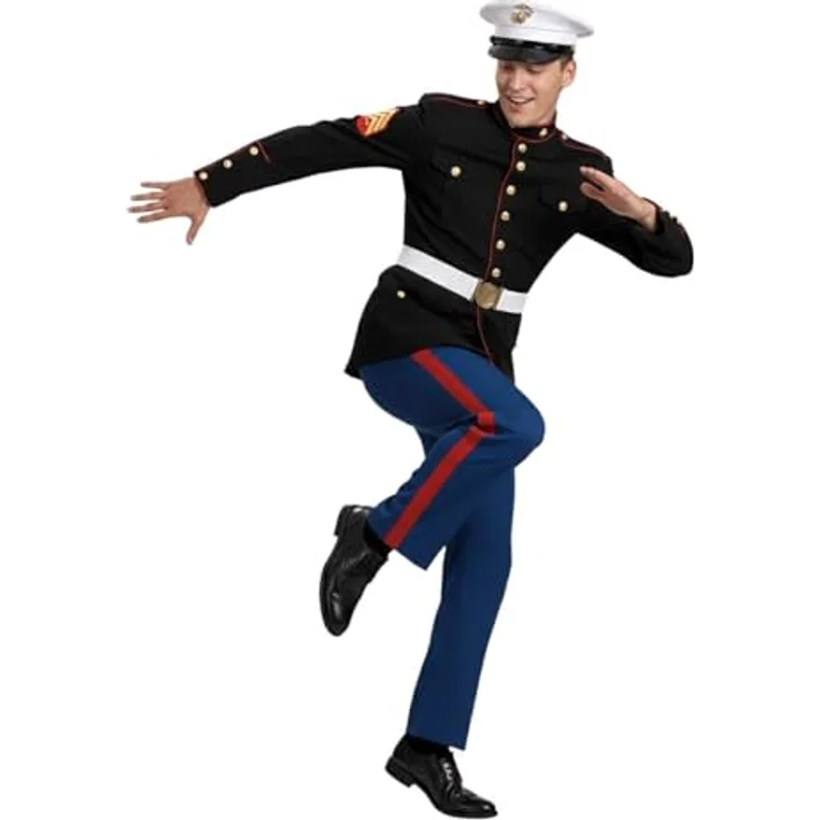 Maskworld Marine Corps Kadett Kostüm (XL), authentische Jacke in Schwarz mit roten Streifen, Marineblaue Hose und Kadettenmütze – Bild 4