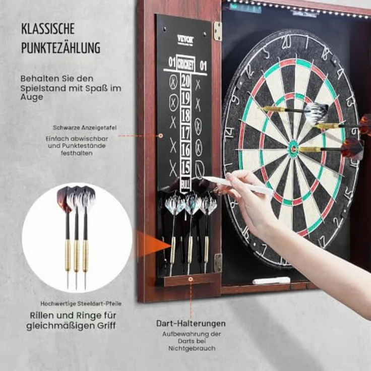 VEVOR Dartboard- und Schrankset, offizielles Dartboard mit Stahlspitzen und retro Design, inkl. LED-Beleuchtung und kompletter Ausstattung – Bild 4