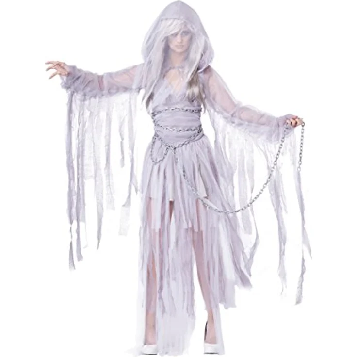 Metamorph Weiblicher Schlossgeist Kostüm, graues Kleid mit Organzaüberzug, Kapuze mit Zerfledderungseffekt und Schleier – Bild 2