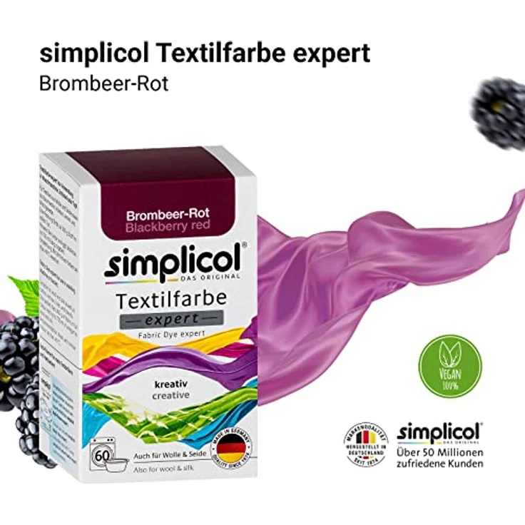 simplicol Textilfarbe expert Brombeer-Rot 1706 - Zum Umfärben und Auffrischen von Kleidung, Waschmaschinenfest, für Baumwolle, Wolle, Seide, Leinen, Viskose & Mischgewebe – Bild 4